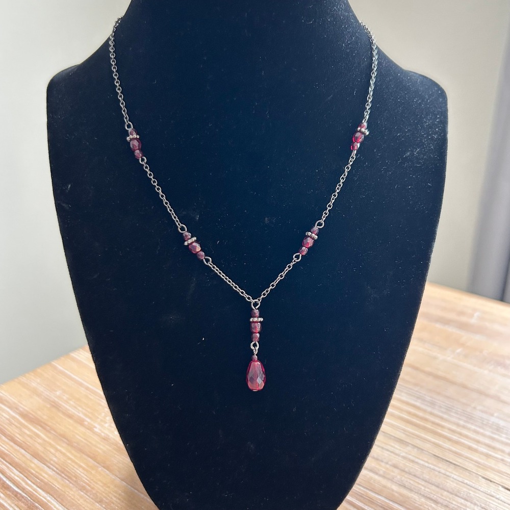 Dainty Garnet Beaded Y Necklace Silver Tone Drip Pendant